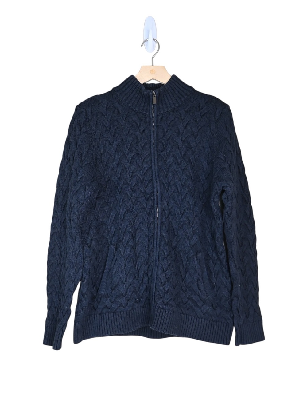 Lands' End Women's L Navy Blue Cable Knit Full-Zip Stand Collar Cardigan